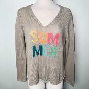 Wooden Ships SUMMER Beige Multicolor Graphic Knit V-Neck Sweater - Women’s M/L